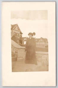 RPPC Pretty Edwardian Lady Posing With Tudor Style Homes Real Photo Postcard Q21