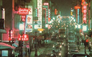 Vintage Postcard Chinatown At Night Restaurants Shops San Francisco California