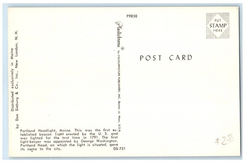 c1950's Portland Headlight Maine, First Beacon Light Erected By US Postcard