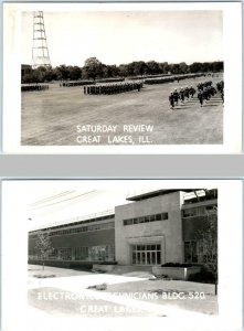 2 RPPC Postcards GREAT LAKES, IL ~ Saturday Review, Electronic Tech Bldg. 1950