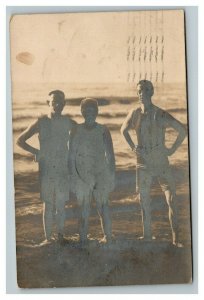 Vintage 1910 RPPC Postcard Three Men at the Beach South Haven Michigan