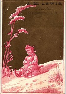 c1880 LAMBERTVILLE N.J M. LEWIS JEWLER CHILD SLEDDING IN SNOW TRADE CARD 41-142
