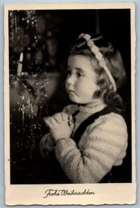 c1930s Merry Christmas Cute Little Girl Praying Candle Light RPPC Photo Postcard