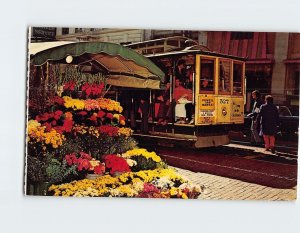 Postcard Cable Cars and the colorful flower stands, San Francisco, California