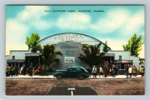 Gulfport, FL-Florida, Crowded Entrance of Casino, Car, Vintage Linen Postcard