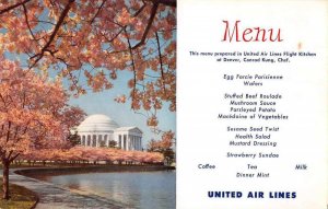 United Air Lines Dinner Menu Jefferson Memorial DC Vintage Postcard JE359238