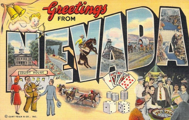 Linen Era, Large Letter, Gambling, Nevada, NV, Old Postcard 