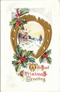 Vtg 1910s Christmas Greeting Gold Horseshoe Winter Windmill Holly Postcard