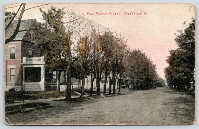 Greenville Ohio~East Fourth Street Homes~Name on Porch~Dirt Road~1908 Postcard 