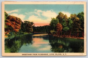 Long Island New York~Greetings From Riverhead~PM 1945~Vintage Linen Postcard