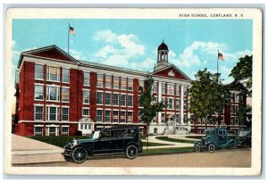 1929 High School Exterior View Building Classic Cars Cortland New York Postcard