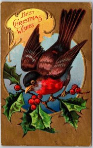 1910 Best Christmas Wishes Bird Green Leaves Embossed Greetings Posted Postcard