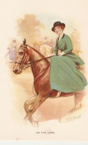 Lady riding her horse. On the Curb Old vintage German, artist signed,  PC