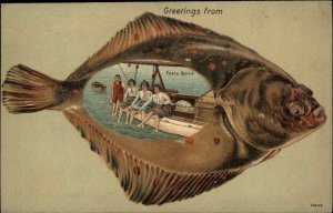 Man and Women on Boat Fishing Fish Border c1910 Vintage Postcard