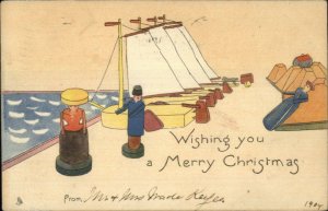 Christmas Fantasy Wooden Block Toy People Sailboats TUCK c1905 Postcard