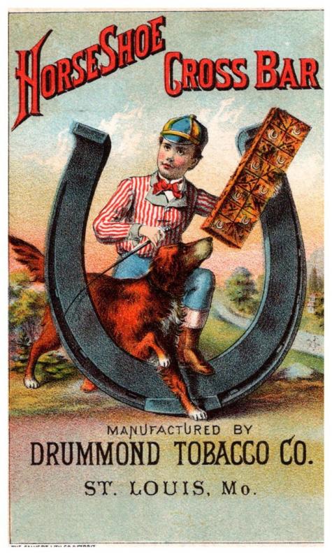 Trade Card ,  Drummond Tobacco , boy & dog in horseshoe