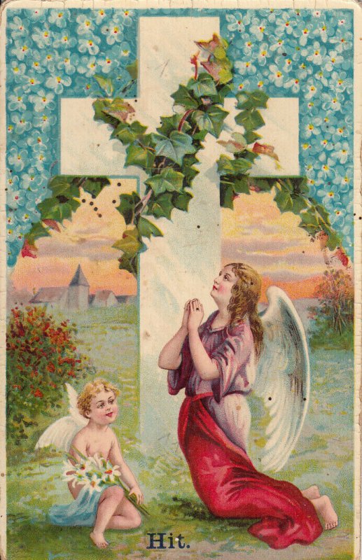 Angel in pray faith cherub cupid vintage greetings postcard Germany 