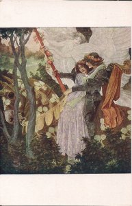 Medieval Knight Errant Rescuing Beautiful Woman, Fantasy, Czech Art Nouveau 1910