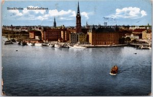 Stockholm Riddarholmen Sweden Boats & Skyline In Distanace Posted Postcard