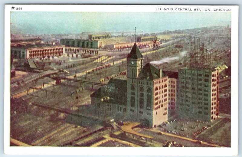 c1930s Chicago, IL Illinois Central Station Railway Depot PC Train Trolley A276