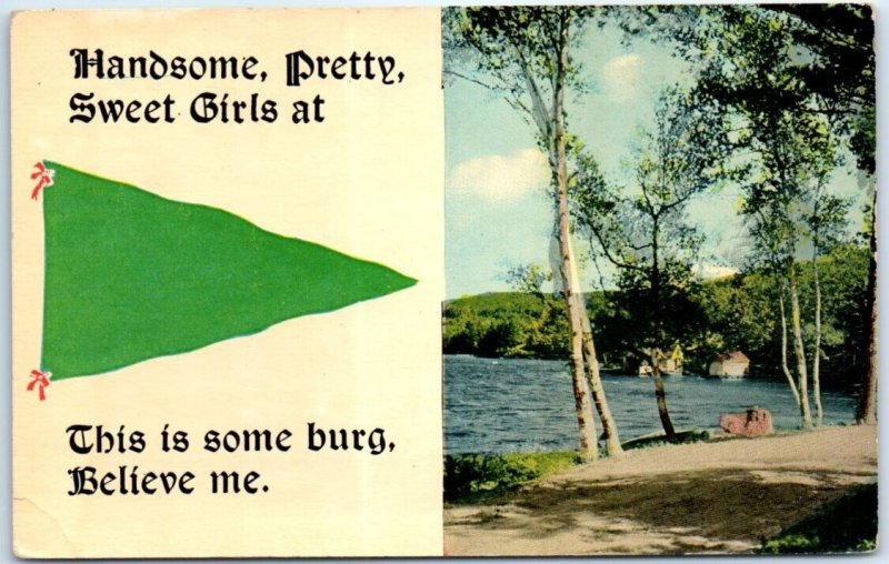Postcard - Handsome, pretty, sweet girls at, This is some burg, Believe me
