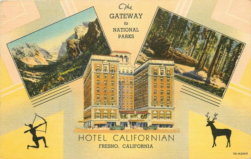 Linen Multiview Postcard Hotel Californian, Gateway to National Parks, Fresno CA