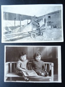 Gibraltar PILOT & BIPLANE John Perez signed + Little Boys with Book c1930s RP PC