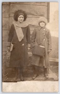 RPPC Schoolgirls Carrying Books & Bookbag~Stone Wall & Ledge~Winter Coats & Hats