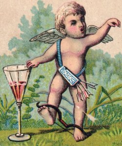 1880s Victorian Fantasy Trade Card Cute Cherub Wine Glass Bow & Arrows F125