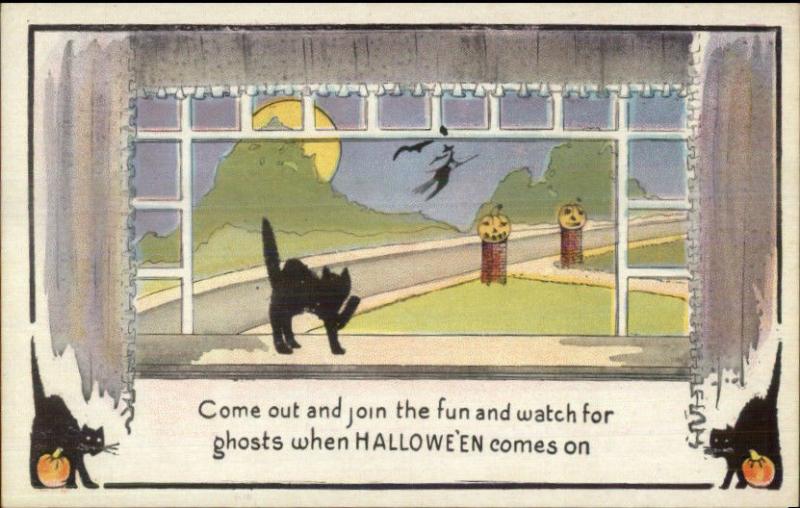 Halloween Black Cat in Window & Witch Series 412 c1915 Postcard