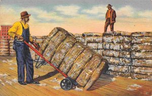 African American Man Carting Cotton Bale for Shipment 1940s linen postcard