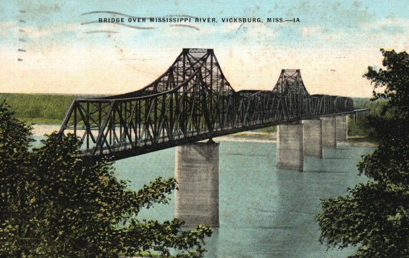 Vintage Postcard 1954 Bridge Over Mississippi River Vicksburg Miss. Pub Capital