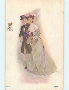 Pre-1907 signed PRETTY ELEGANT WOMAN IN GREEN DRESS & MAN IN FORMAL SUIT k6156