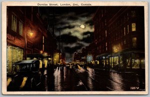 London Ontario Canada 1930s Postcard Dundas Street At Night Moon Cars Shops