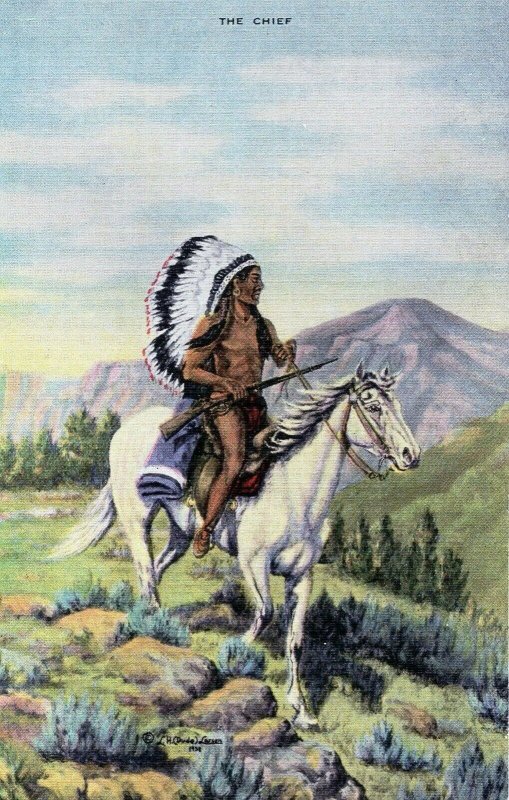 1930s The Chief from Oil Painting LH Dude Larsen American Indian Linen Postcard