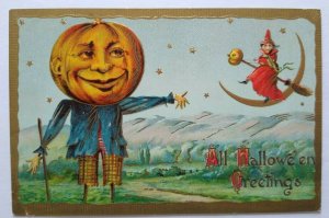 Vintage Halloween Postcard Gottschalk Big Head Human Face Scarecrow Witch 2040