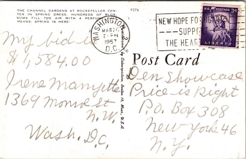 Channel Gardens Rockefeller Center Springs Dress Wob 1957 Cancel Pm Postcard 