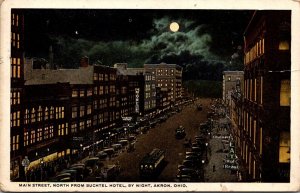 Ohio Akron Main Street North From Buchtel Hotel By Night 1925 Curteich