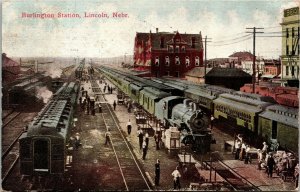 Postcard NE Lincoln Burlington Station Trains, Train Tracks, Locomotives 1911 A9