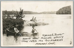 CANADA MASSEY ONT. SPANISH RIVER BOATING SCENE ANTIQUE REAL PHOTO POSTCARD RPPC