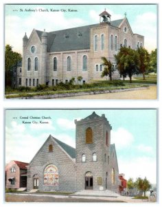 2 Postcards KANSAS CITY, KS ~ ST. ANTHONY'S CHURCH & Central Christian Church