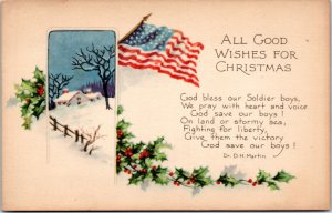 Postcard Gibson Patriotic Christmas - US Flag Holly homestead D.H. Martin poem