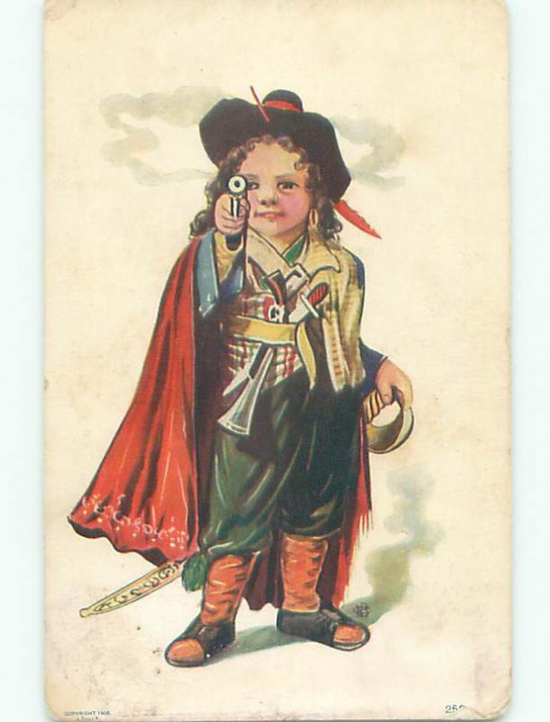 Unused Pre-1907 foreign signed SWASHBUCKLER BOY WITH SWORD & GUNS J3675