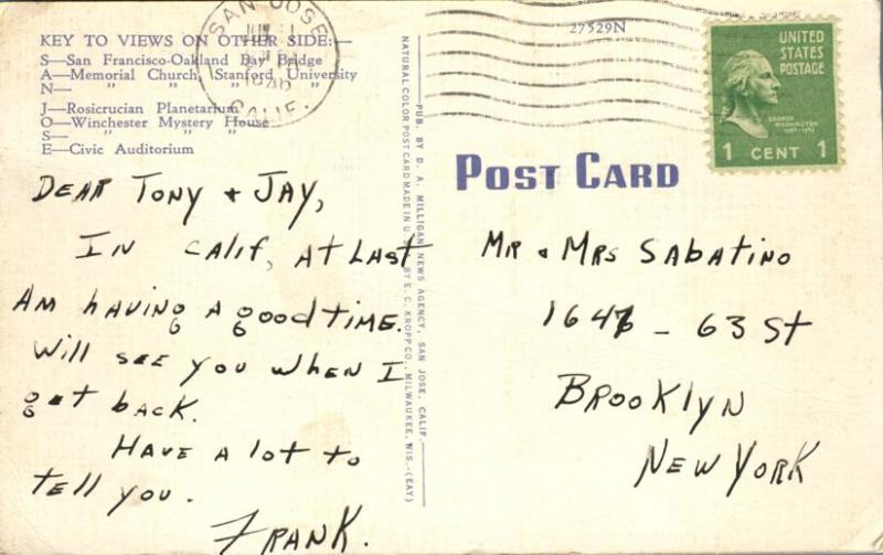 Greetings from San Jose CA, California - pm 1946 - Linen Large Letter