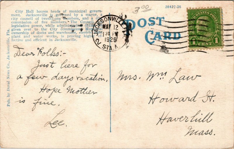 Vtg 1920s City Hall Jacksonville Florida FL Postcard