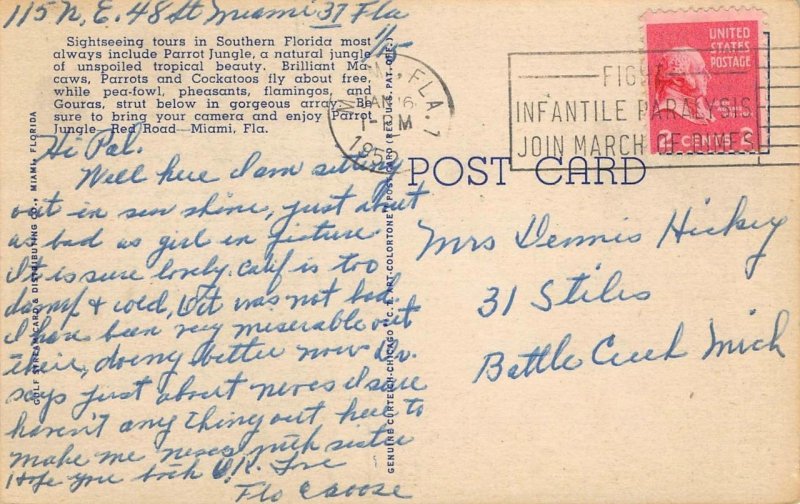 Miami, Florida PARROT JUNGLE Woman in Bikini 1952 Linen Vintage Postcard