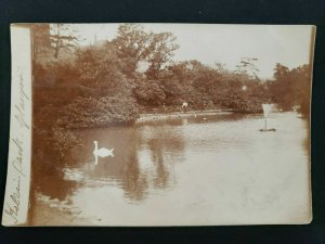 Real Photo Park Lake Fountain St. Louis Postcard 1906 Swan Lady Man Church