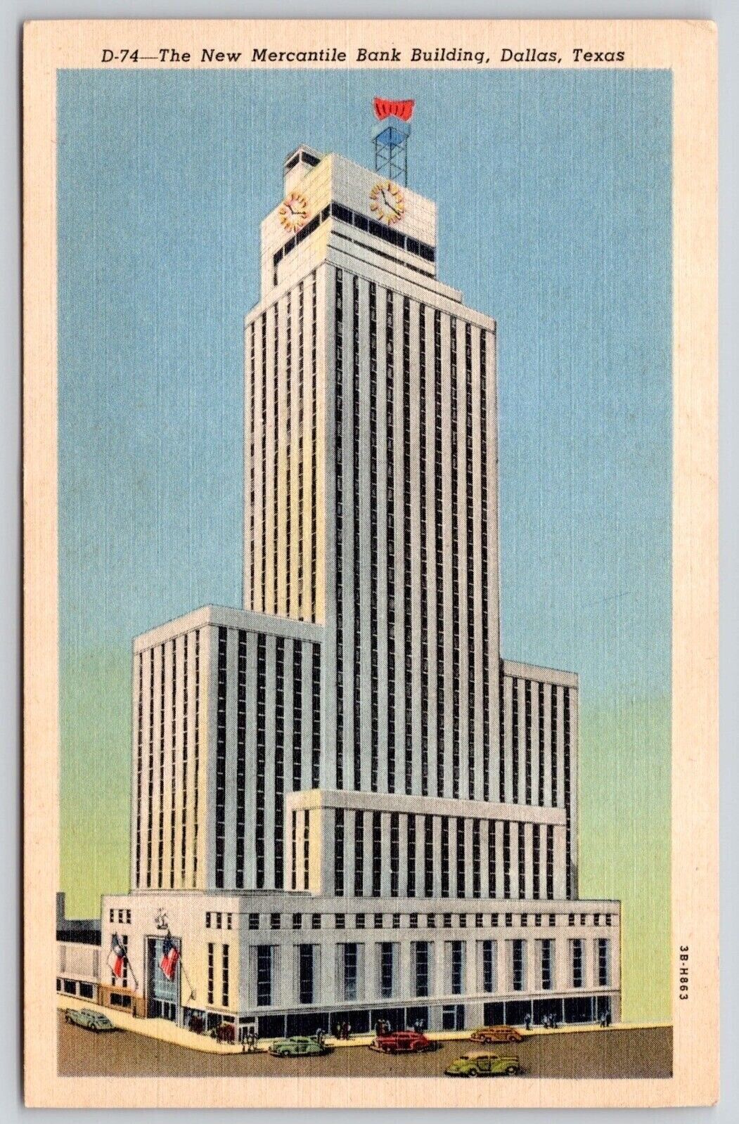 Postcard New Mercantile Bank Building Dallas Texas Clock Tower Old Car