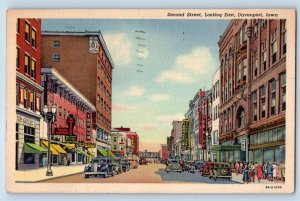 Davenport Iowa Postcard Second Street Looking East Classic Cars Buildings 1940