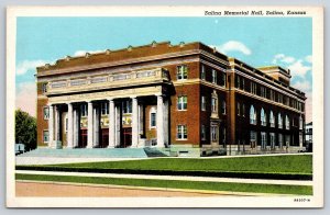 Salina Kansas~Memorial Hall St View~Brick Bldg~Columns~Beaux-Arts~Linen Postcard